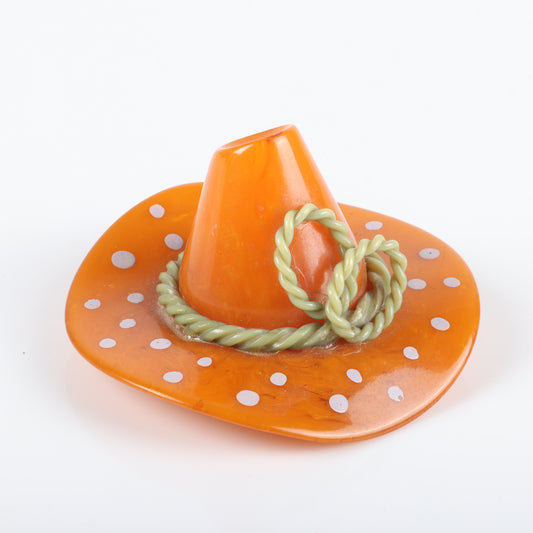 Vintage Bakelite cone hat figural pin. Marble swirl butterscotch wide brim hat brooch with painted polka dots and green celluloid twist band. 2 3/4" H X 2 3/4 W