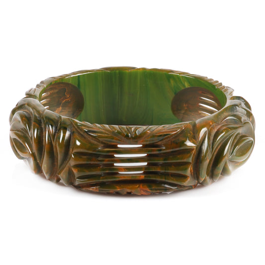 Vintage Bakelite deep pierce carved rose bangle bracelet in swirled / marbled creamed spinach with floral design. 2 1/2" inner diam., 1" W