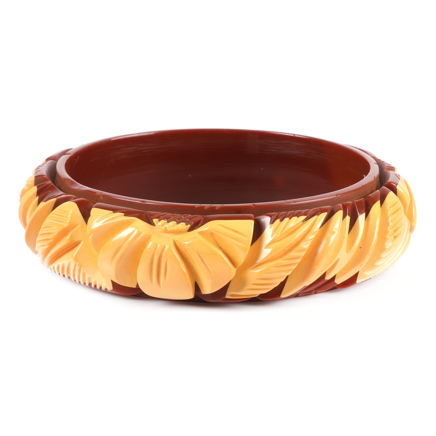 Vintage Bakelite laminated and deep carved flower bangle bracelet in 2 colors, brown and butterscotch. 2 1/2" inner diam., 3/4" W