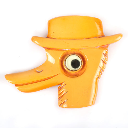 Vintage Bakelite Googly Eye carved duck in hat pin. Large carved butterscotch figural brooch. 2 1/2" x 3 1/4" W
