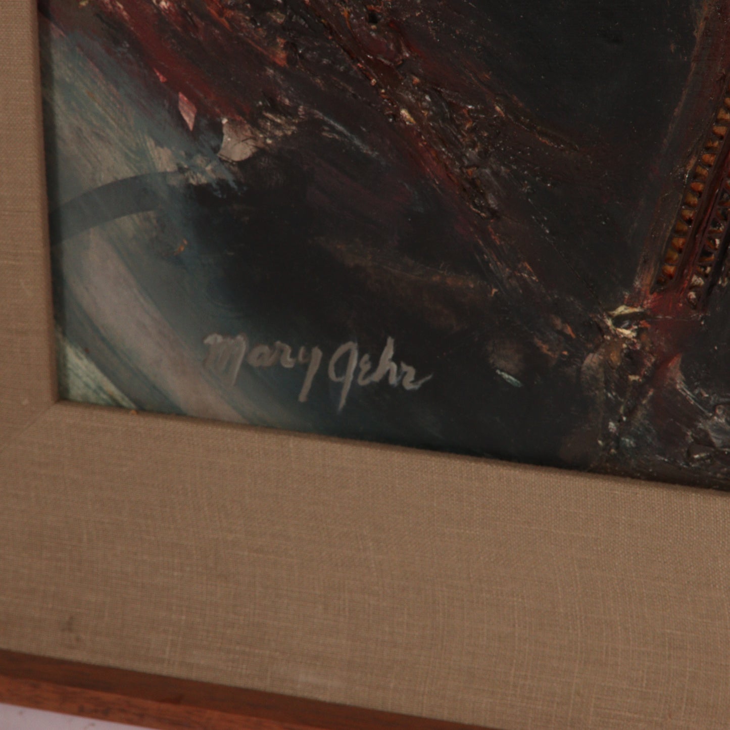 Mary Ray Gehr, Illinois (1910 - 1997), industrial landscape, collage and oil on masonite, 24"H x 36"W. Frame, 29" x 41".