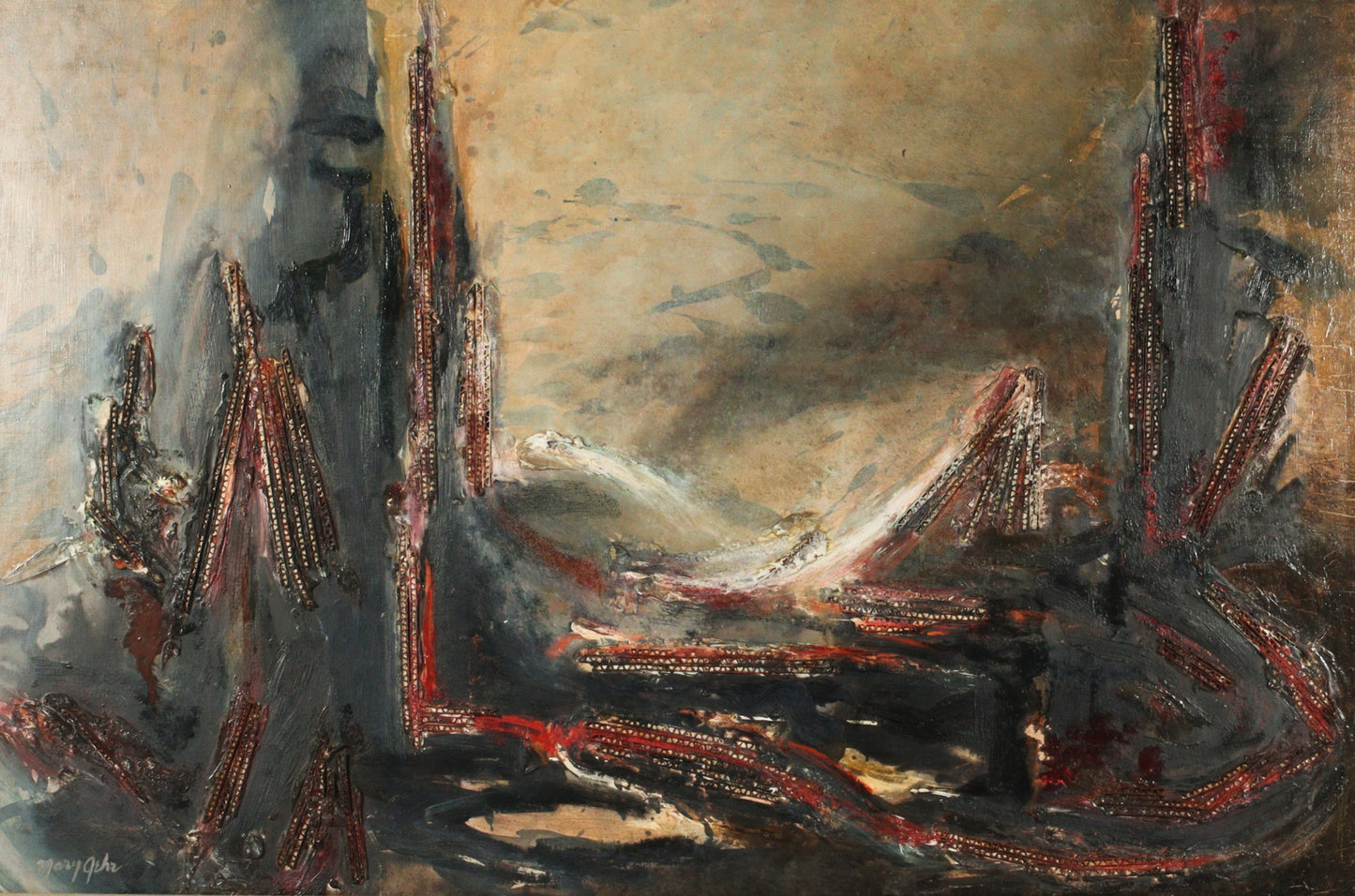 Mary Ray Gehr, Illinois (1910 - 1997), industrial landscape, collage and oil on masonite, 24"H x 36"W. Frame, 29" x 41".