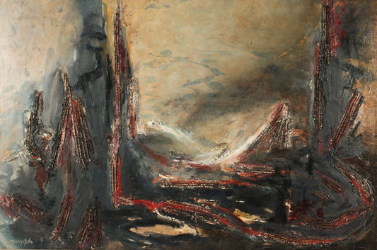 Mary Ray Gehr, Illinois (1910 - 1997), industrial landscape, collage and oil on masonite, 24"H x 36"W. Frame, 29" x 41".