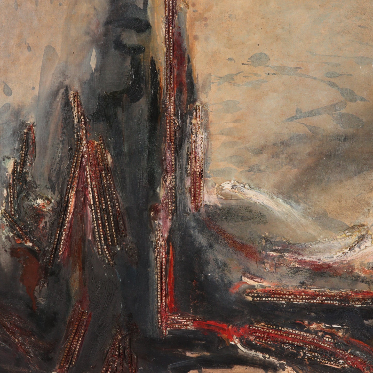 Mary Ray Gehr, Illinois (1910 - 1997), industrial landscape, collage and oil on masonite, 24"H x 36"W. Frame, 29" x 41".