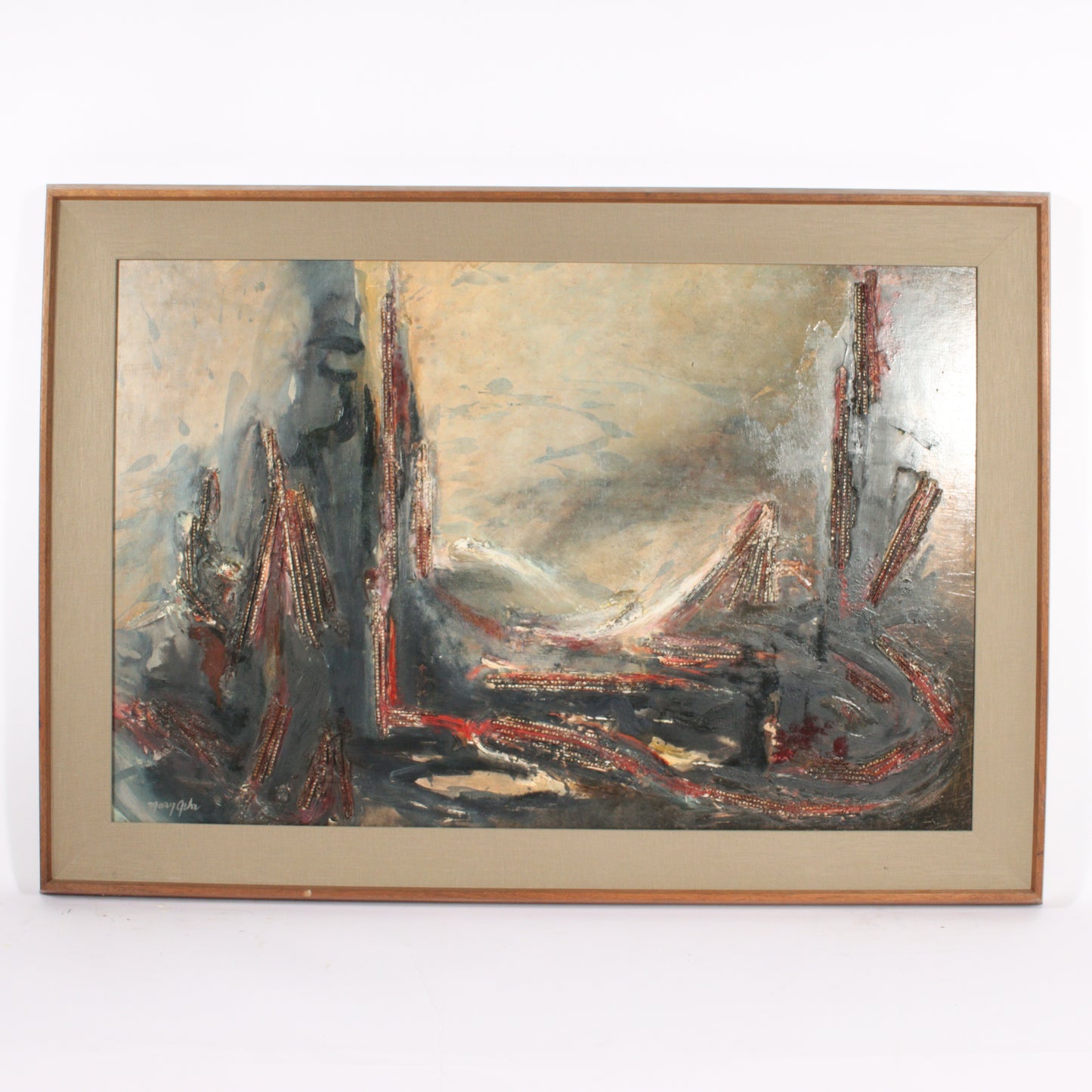 Mary Ray Gehr, Illinois (1910 - 1997), industrial landscape, collage and oil on masonite, 24"H x 36"W. Frame, 29" x 41".