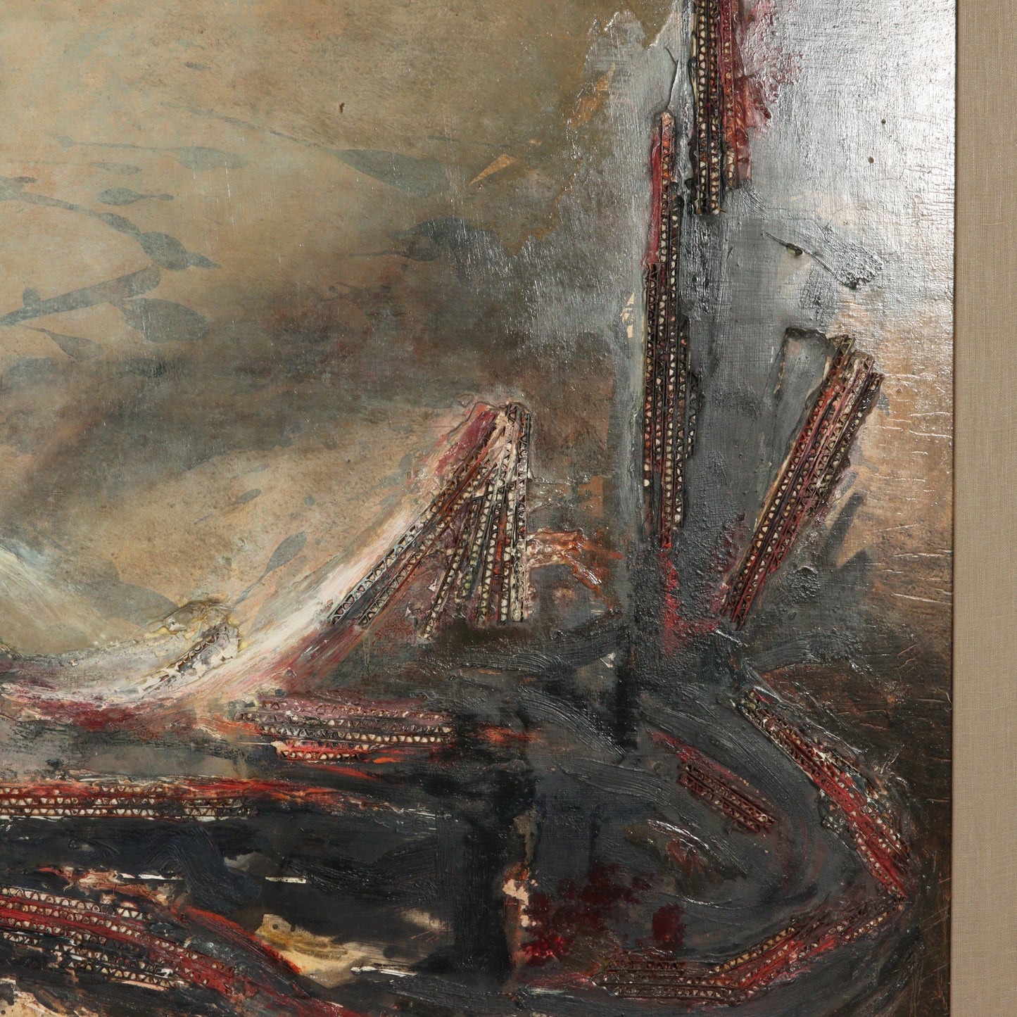 Mary Ray Gehr, Illinois (1910 - 1997), industrial landscape, collage and oil on masonite, 24"H x 36"W. Frame, 29" x 41".