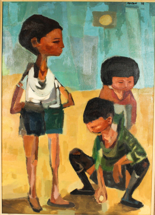 Montano, Spanish (20th century), Children in the Sun, 1958, oil on canvas, 39 1/4"H x 28"W