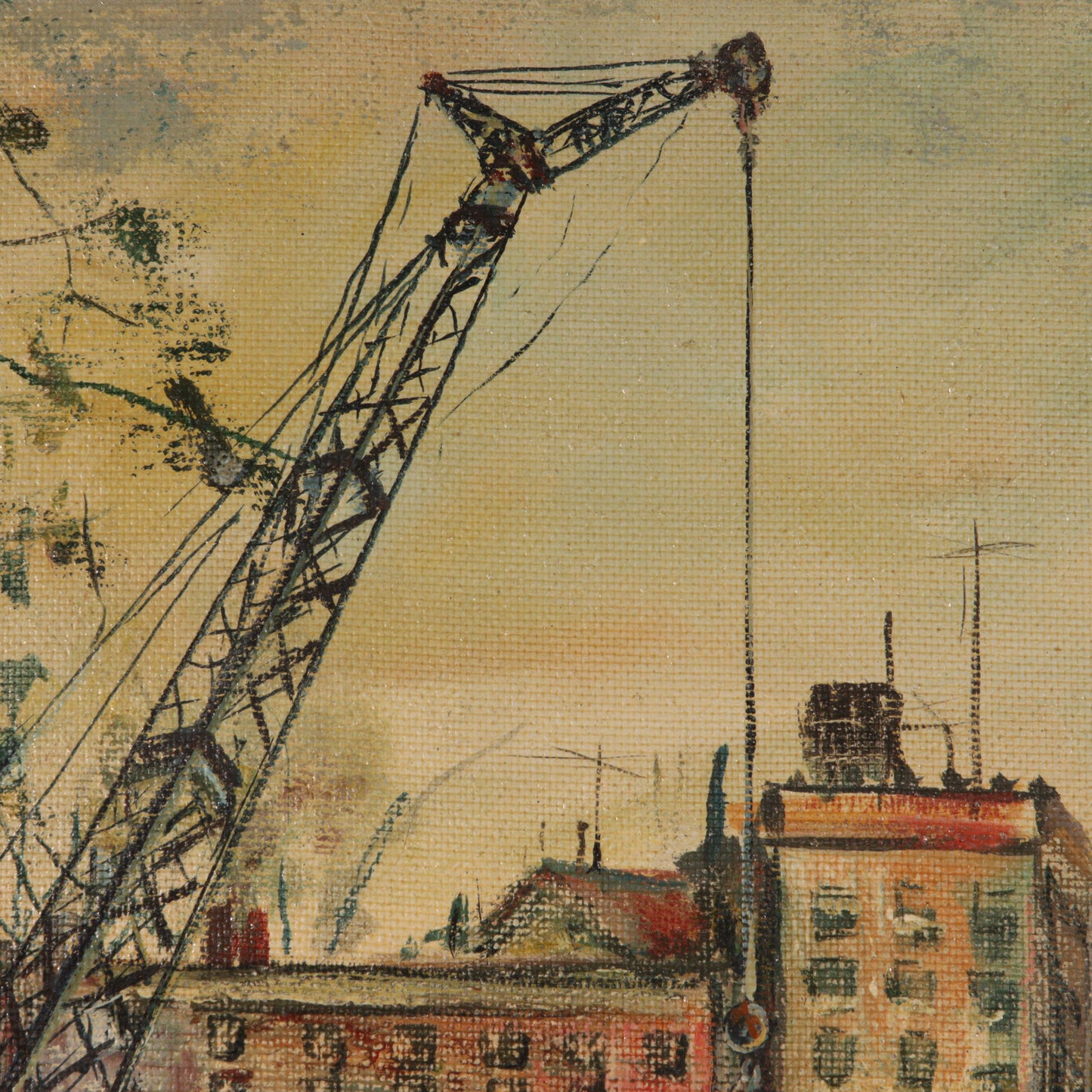 Isadore Firestone, American, b. Hungary (1894 - 1979), Boys Playing, city scene with construction crane in background, ca.1950s, oil on masonite, 36"H x 22"W