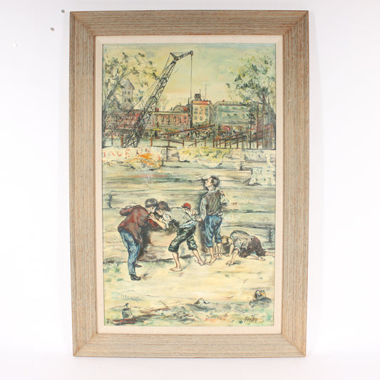 Isadore Firestone, American, b. Hungary (1894 - 1979), Boys Playing, city scene with construction crane in background, ca.1950s, oil on masonite, 36"H x 22"W