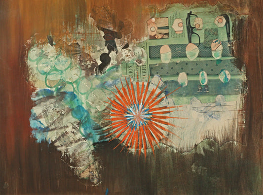 Daniel Hudson, American (20th century), abstract locomotive, 1966, mixed media modernist collage on paper, 19"H x 25"W (sight)