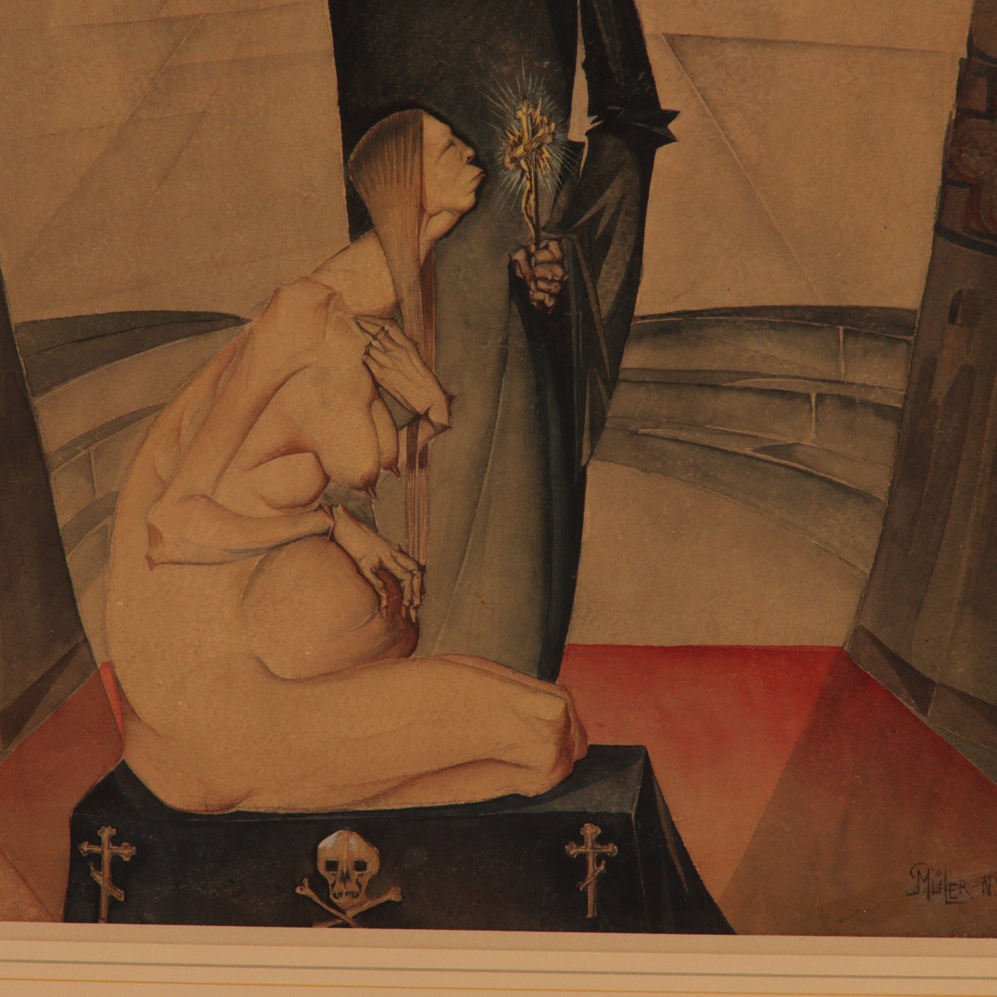 Paul Muller, New York / Russian Federation (1895-1970), Priest with Pregnant Woman, 1927, watercolor on paper, 25"H x 17"W (sight), 33 1/4"H x 25 1/2"W (frame)