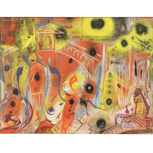 Paul Travis, Ohio (1891 - 1975), Rendezvous Over India, 1956, Watercolor on paper, 19 1/2"H x 25 1/4" (sight), 28 1/2"H 34 1/4"W x 2"D (frame)
