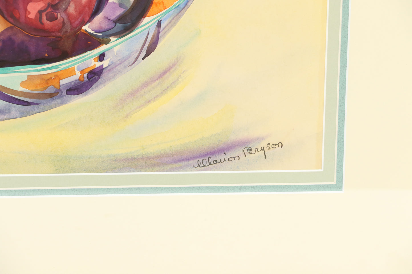 Marion Bryson, American (20th century), fruit bowl still life, watercolor on paper, 17 1/4"H x 23"W (sight), 26 1/4"H x 31 1/2W x 1"D (frame)