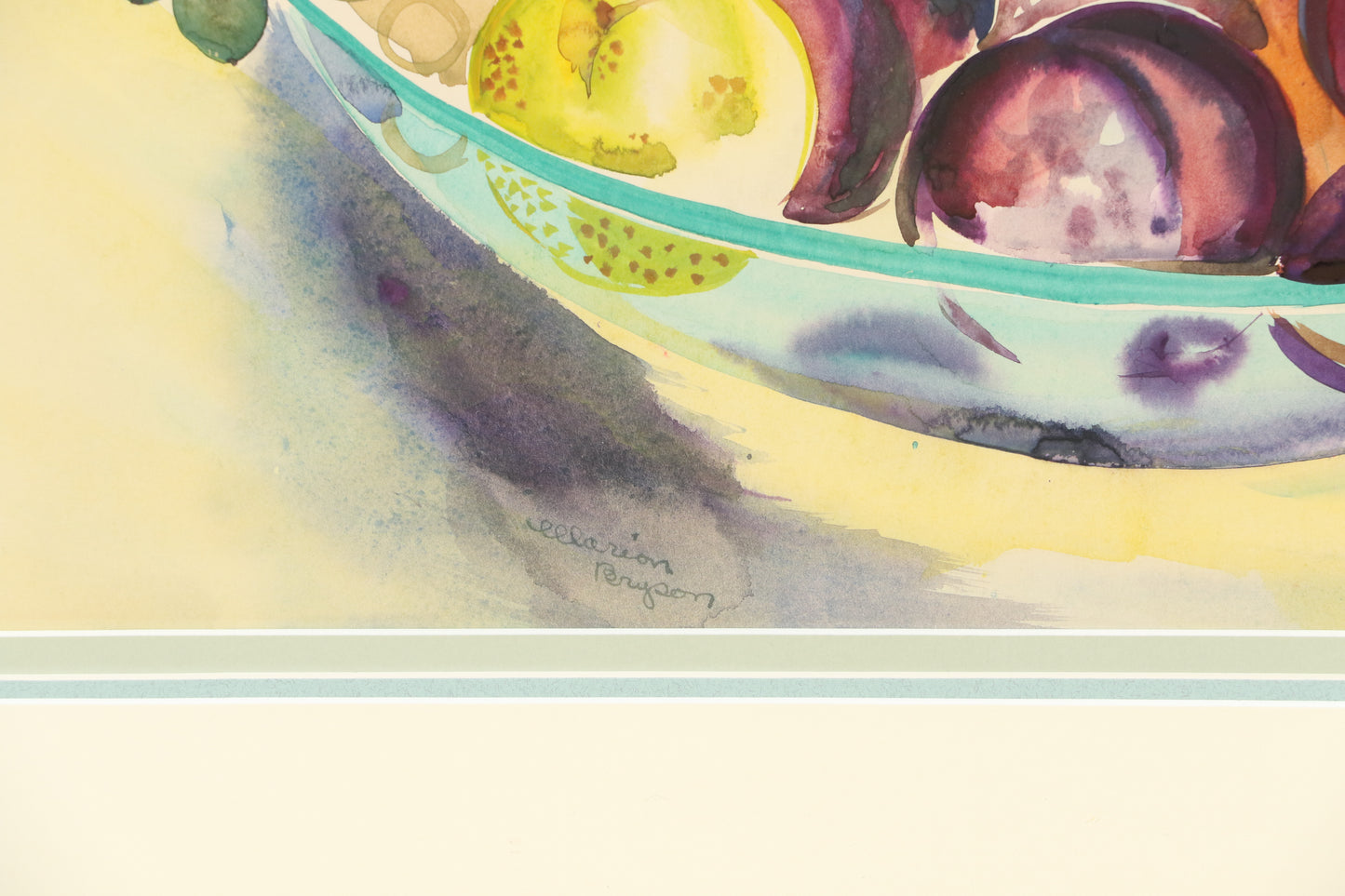 Marion Bryson, American (20th century), fruit bowl still life, watercolor on paper, 17 1/4"H x 23"W (sight), 26 1/4"H x 31 1/2W x 1"D (frame)
