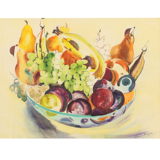 Marion Bryson, American (20th century), fruit bowl still life, watercolor on paper, 17 1/4"H x 23"W (sight), 26 1/4"H x 31 1/2W x 1"D (frame)