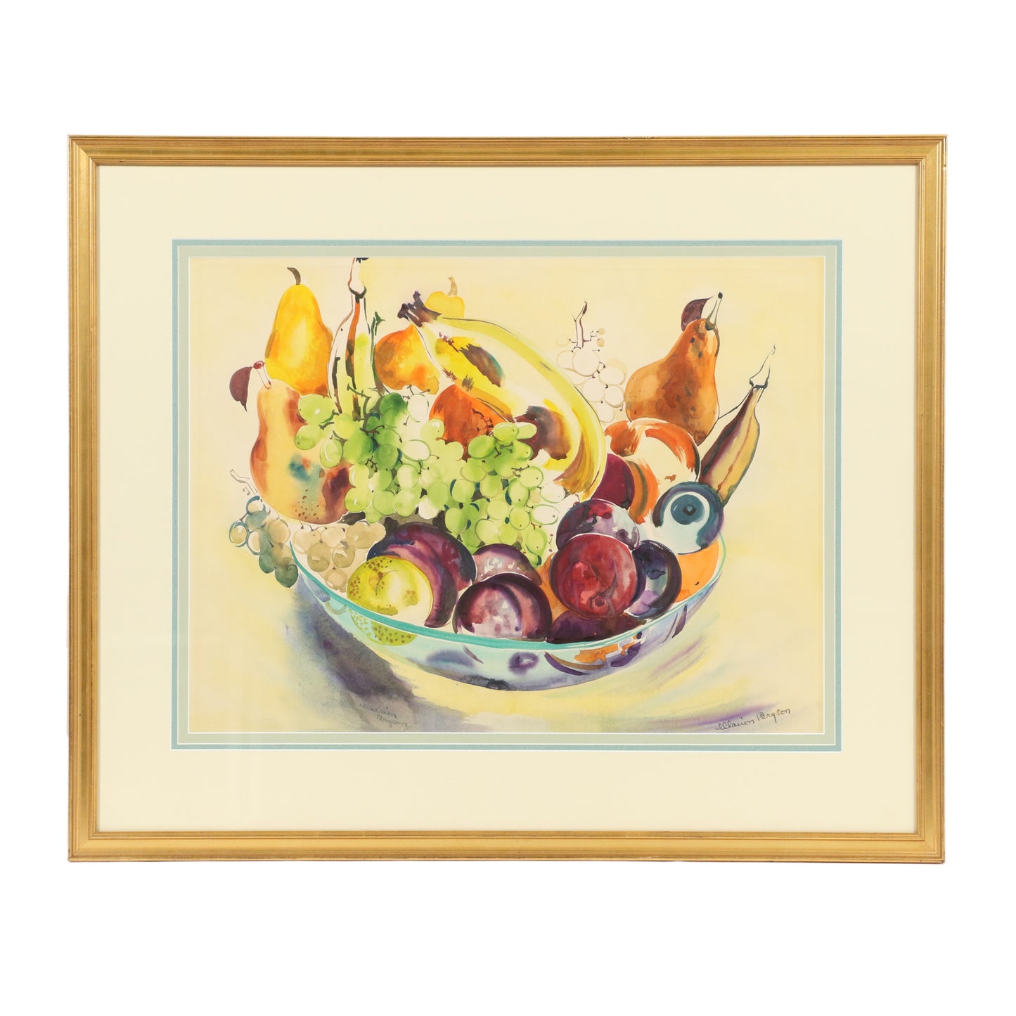 Marion Bryson, American (20th century), fruit bowl still life, watercolor on paper, 17 1/4"H x 23"W (sight), 26 1/4"H x 31 1/2W x 1"D (frame)