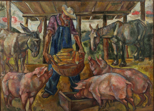Emanuel Glicenstein Romano, New York / Italy (1897-1984), farmer feeding animals, oil on masonite, 34 1/2"H x 47 1/4"W