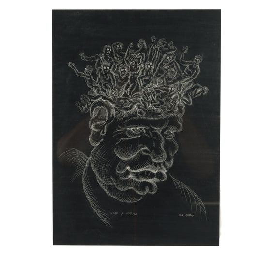 G.M. Budd, American (20th century), Head of Medusa, incising on scratchboard (India ink on white clay on board), 17"H x 12"W (sight)
