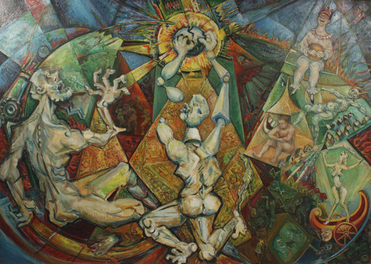 Robert Lohman, Indiana (1919 - 2001), abstract allegorical scene, oil on masonite, 55 3/4"H x 75 1/2"H (frame)
