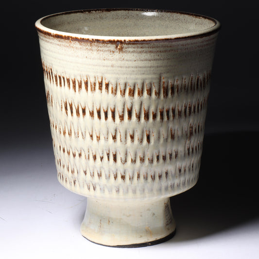 Laura Andreson, California (1902 - 1999), American studio pottery footed vessel, carved mark pattern, white over russet glaze ceramic, 6 1/4"H x 5 1/4"Diam.