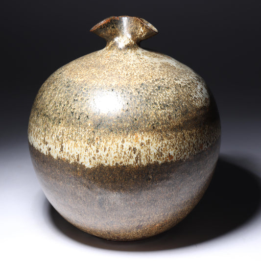 Laura Andreson, California (1902 - 1999), American studio pottery pinch neck bulbous vase, 1979, stoneware mottled banded earthtone glaze, 7 3/4"H x 6 1/2"Diam.
