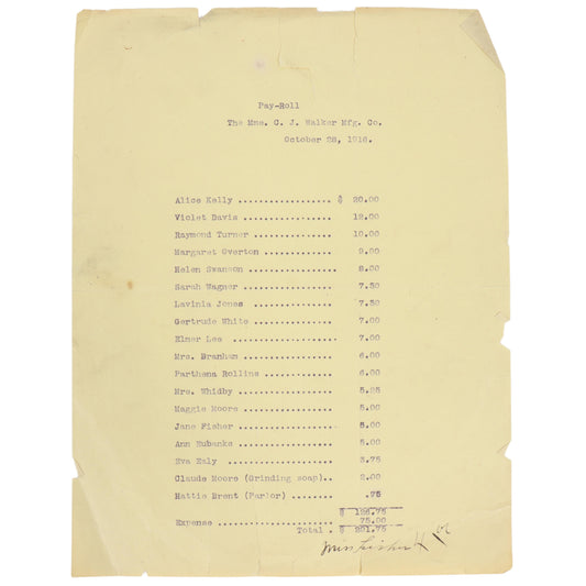 Madam Walker Manufacturing Company Business Payroll Document 10 1/2"H x 8 1/2"W