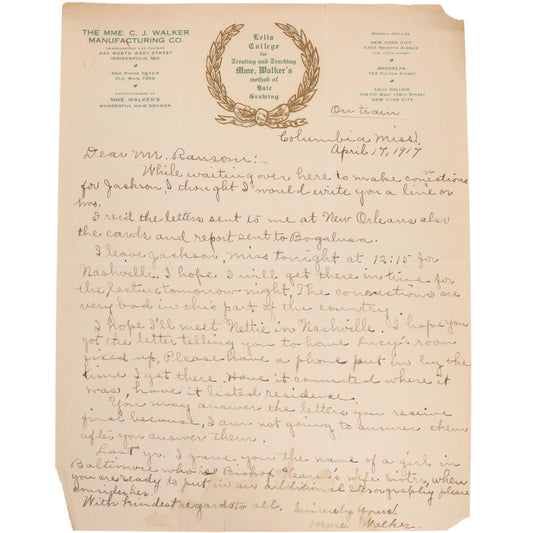 Letter Written By Madam C.J. Walker To Attorney & Office Manager, 04/17/1917 10 1/2"H x 8 1/2"W