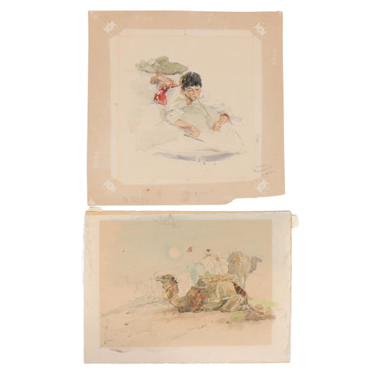 Charles Sarka, New York, Illinois (1879 - 1960), Resting Camel and Tane Horoi, Adopted Boy, Moorea in 1903, two watercolor paintings on paper, 13 1/2"H x 13 3/4"W (larger)