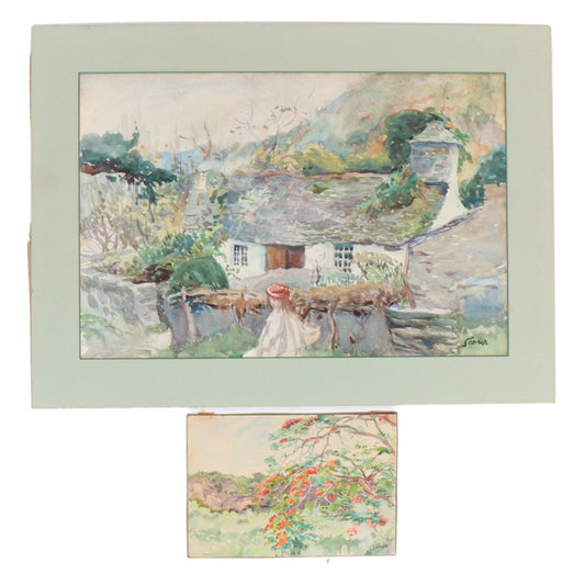 Charles Sarka, New York, Illinois (1879 - 1960), Orientalist scene and Flamboyant tree, two watercolor paintings on paper, 12"H x 18"W(sight), 16"H x 22"W