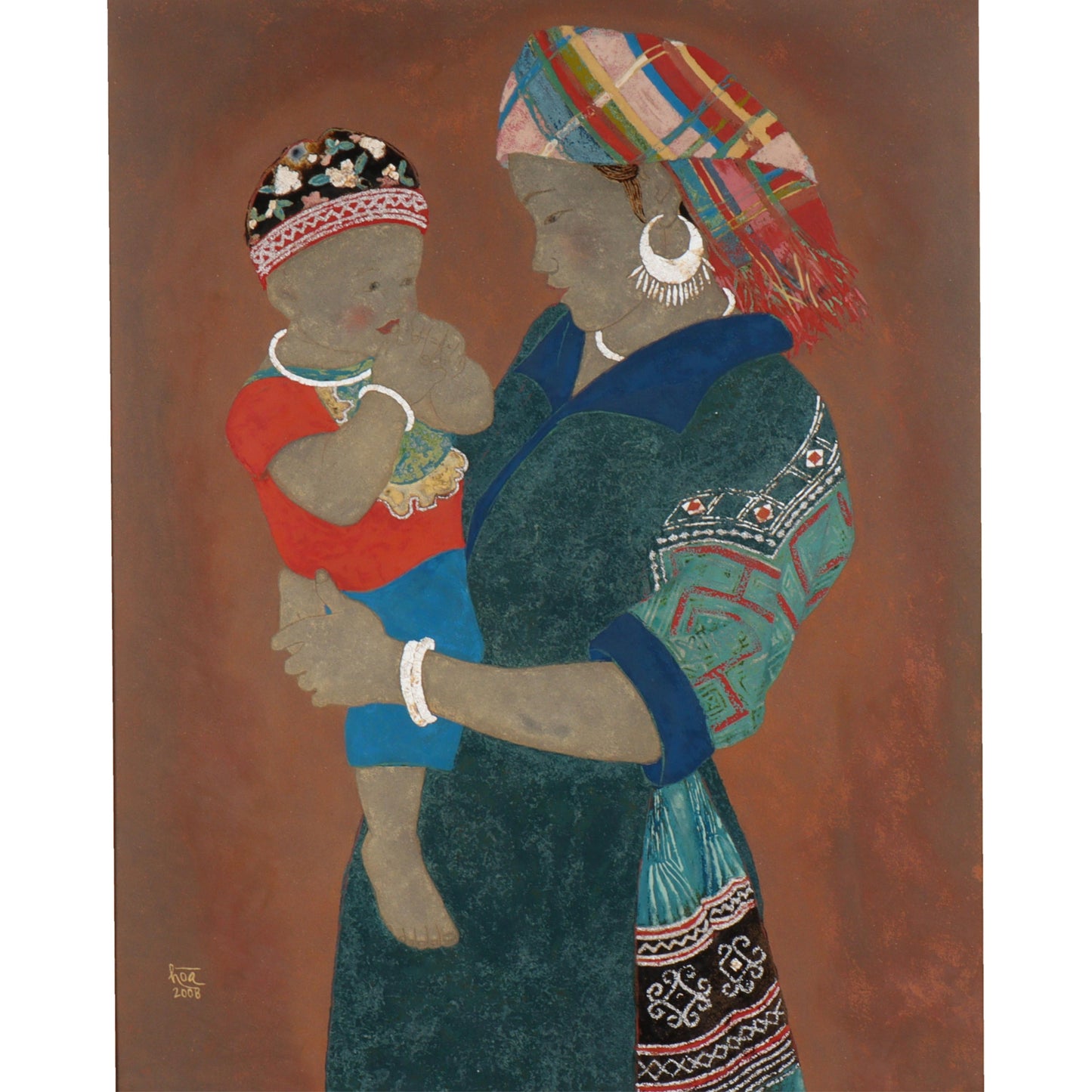 Nguyen Thi Hoa, Vietnamese , mother and child, 2008, lacquer painting with inlaid eggshell and abolone, 27 1/4"H x 21 1/4"W(sight), 37"H x 31"W(frame)
