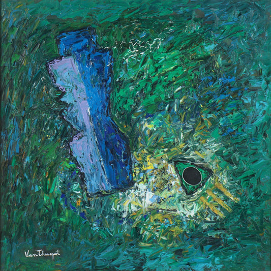 Van Thuyet, Vietnamese (b.1954), abstract with mirror, oil on canvas, 19 3/4"H x 19 1/2"W(stretcher), 26 3/4"H x 26 3/4"W(frame)