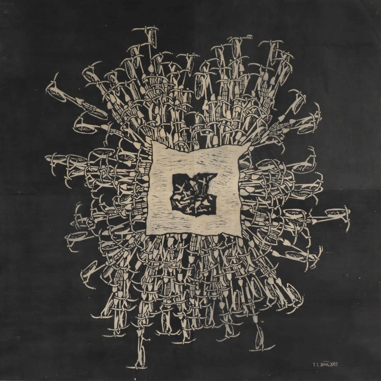 Tran Cong Dung, Vietnamese (b.1969), One Night Stand, 2005, GIANT large scale woodcut, rice paper on linen, 58 1/4"H x 57 1/4"W(stretcher)