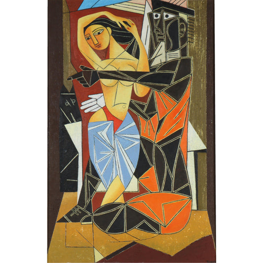 Vu Duc Toan, Vietnamese (b.1962), cubist figures, oil on canvas, 57"H x 36 1/2"W(sight), 64 1/4"H x 43 1/2"W(frame)