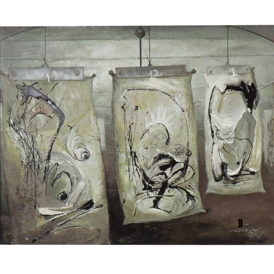 Mai Duy Minh, Vietnamese (b.1976), Spirit Bags, 2001, oil on canvas, 46 3/4"H x 57 1/2"W(stretcher), 55 1/2"H x 67"W(frame)