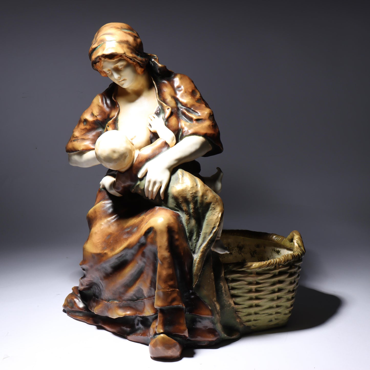 Berthold Boess Karlsruhe Austrian Amphora figure group mother nursing a child with basket. 19 1/2"H x 17"W