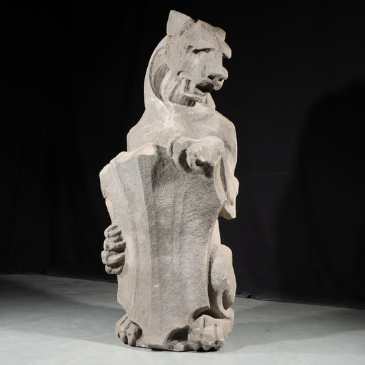 Heraldic Lion Guardian; full body gargoyle/grotesque beast with shield: 1920s Harlem, New York, Gothic Style Architectural Limestone Facade Carving. 45 1/2"H x 18"W