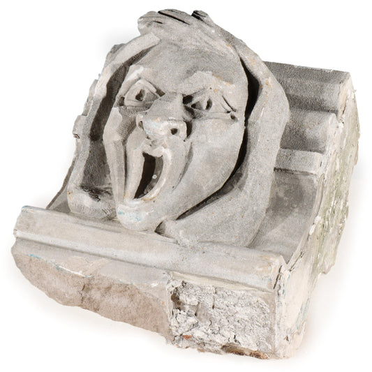 Human face gargoyle/grotesque screaming man; 1920s Harlem, New York, Gothic Style Architectural Limestone Facade Carving. 21 1/2"H x 18 1/2"W