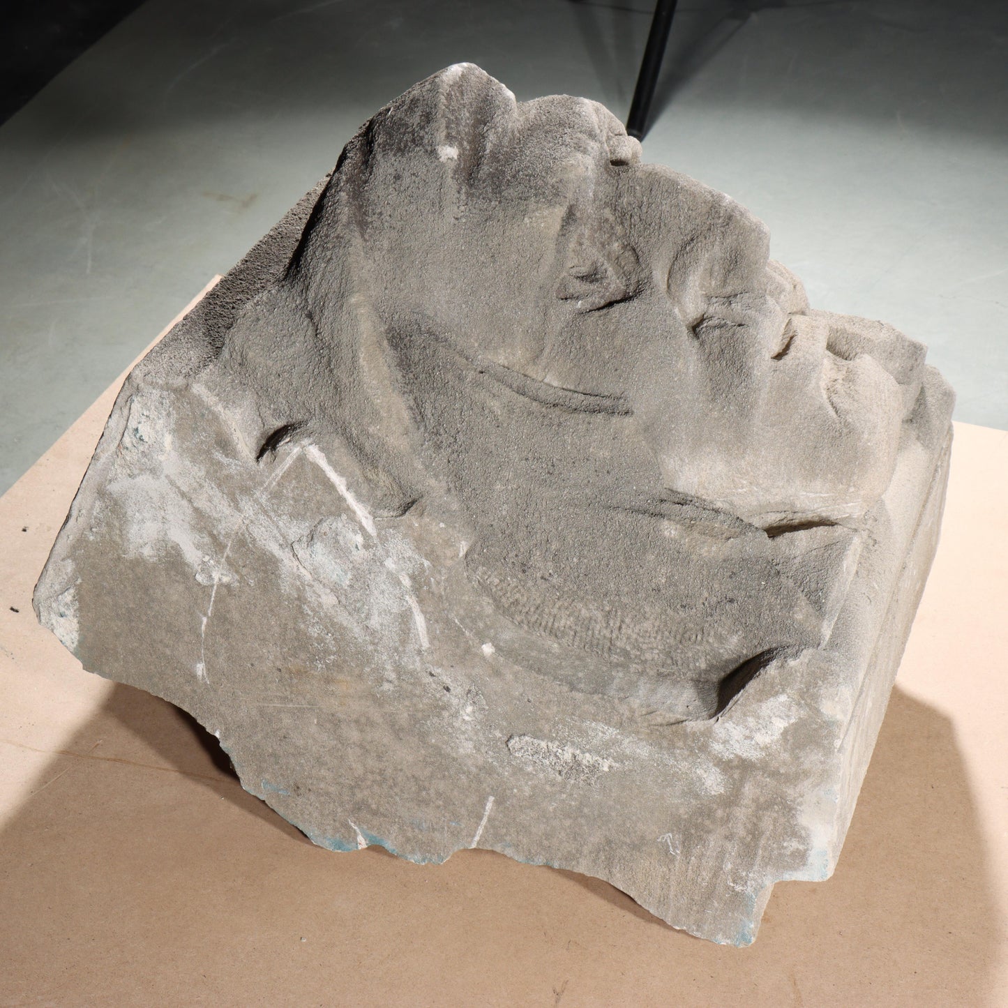 Human face gargoyle/grotesque man with mustache; 1920s Harlem, New York, Gothic Style Architectural Limestone Facade Carving 18 1/2"H x 15"W
