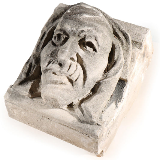 Human face gargoyle/grotesque man with mustache; 1920s Harlem, New York, Gothic Style Architectural Limestone Facade Carving 18 1/2"H x 15"W