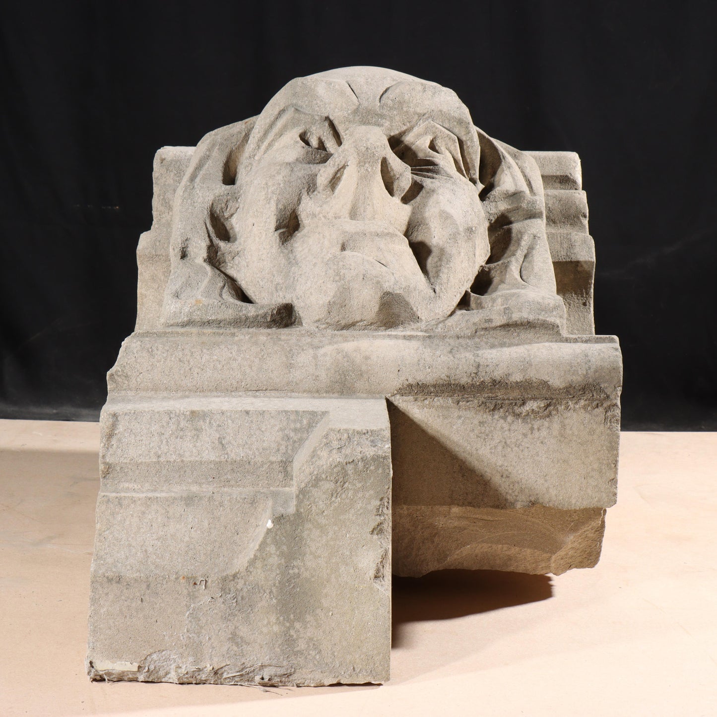 Human face gargoyle/grotesque grinning old man; 1920s Harlem, New York, Gothic Style Architectural Limestone Facade Carving 19 1/2"H x 17 1/2"W