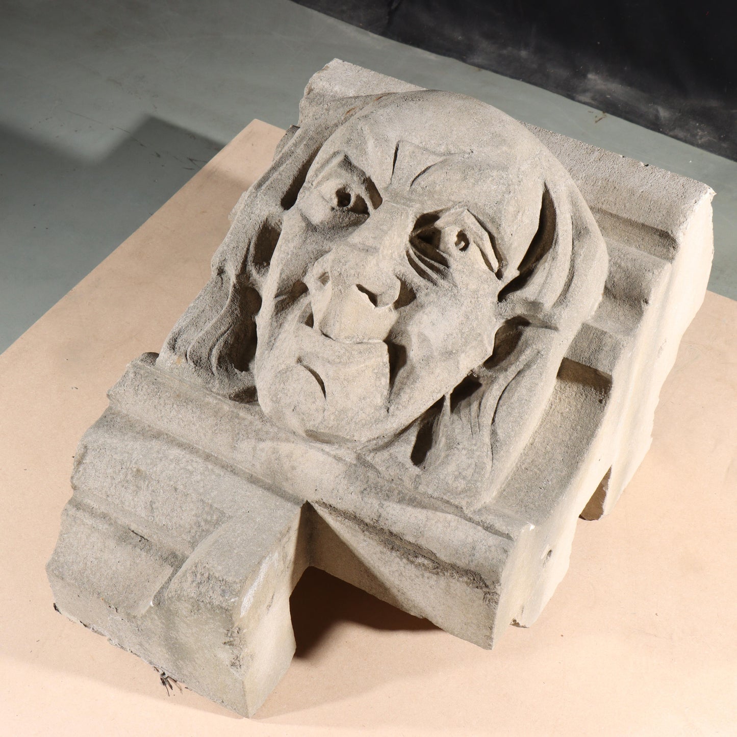 Human face gargoyle/grotesque grinning old man; 1920s Harlem, New York, Gothic Style Architectural Limestone Facade Carving 19 1/2"H x 17 1/2"W