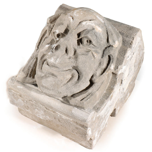 Human face gargoyle/grotesque grinning man; 1920s Harlem, New York, Gothic Style Architectural Limestone Facade Carving 18"H x 15"W x 15"D