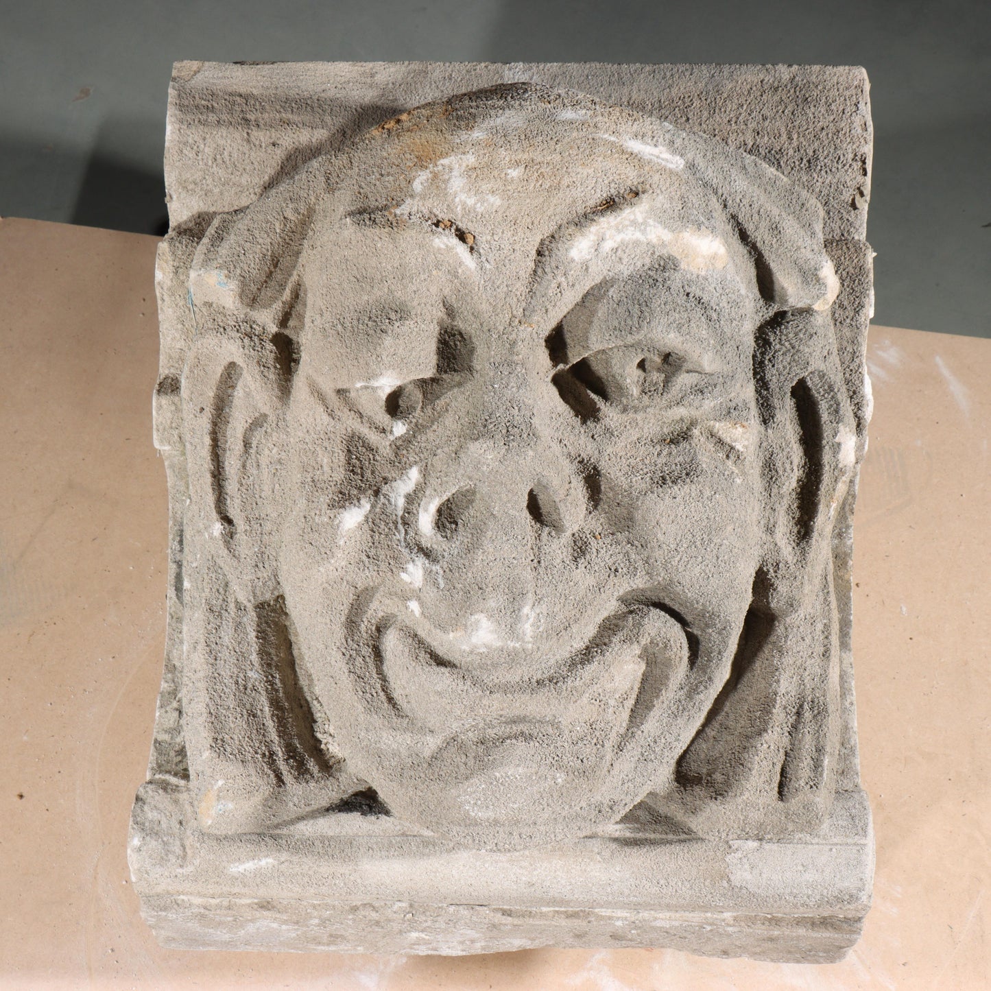 Human face gargoyle/grotesque grinning man; 1920s Harlem, New York, Gothic Style Architectural Limestone Facade Carving 18"H x 15"W x 15"D