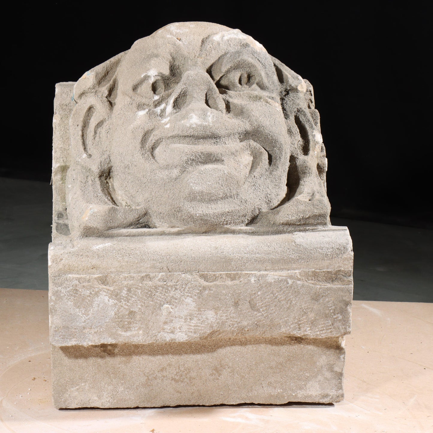 Human face gargoyle/grotesque grinning man; 1920s Harlem, New York, Gothic Style Architectural Limestone Facade Carving 18"H x 15"W x 15"D