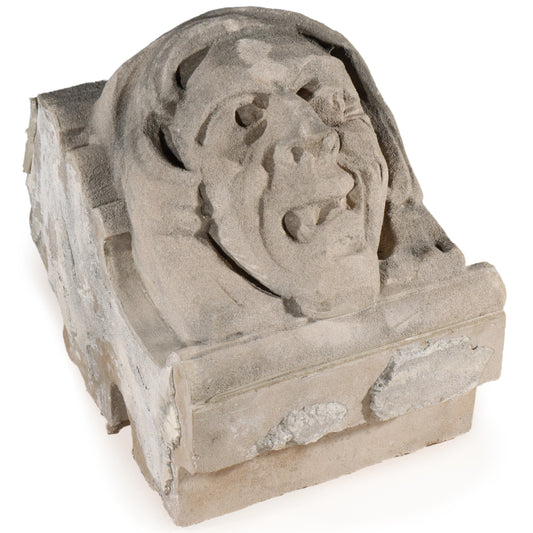 Human face gargoyle/grotesque snarling man; 1920s Harlem, New York, Gothic Style Architectural Limestone Facade Carving 19 1/2"H x 15"W