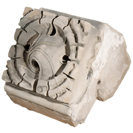 Scrolled leaf rosette foliate border block roundel end piece; 1920s Harlem, New York, Gothic Style Architectural Limestone Facade Carving 17 1/2"H x 15"W