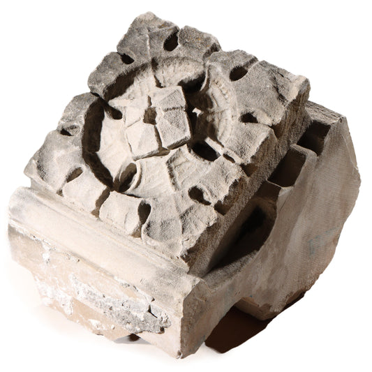 Quatrefoil floral rosette foliate relief border block roundel end piece; 1920s Harlem, New York, Gothic Style Architectural Limestone Facade Carving 19"H x 15"W x 20"D