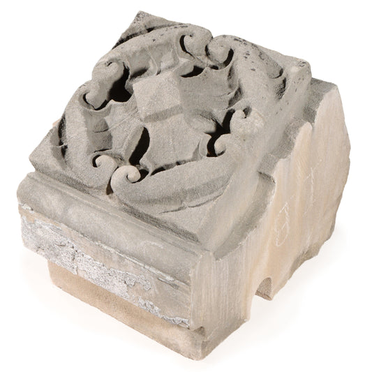 Quatrefoil floral rosette foliate relief border block roundel end piece; 1920s Harlem, New York, Gothic Style Architectural Limestone Facade Carving 17 1/2"H x 14 3/4"W