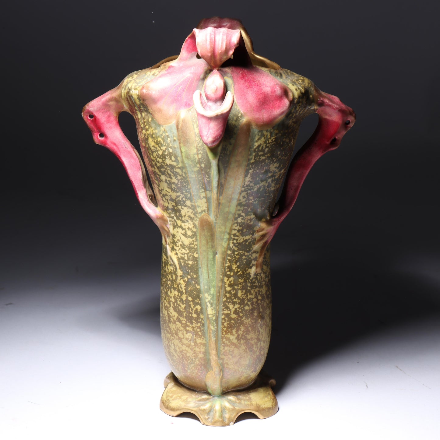 Amphora Austria Art Nouveau orchid flower vase with sculpted handles ca.1900. 10"H x 6 3/4"W