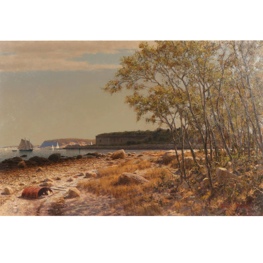 Joseph McGurl, Massachusetts (b. 1958), "View From the Shore", Fort Independence? Boston Harbor Islands, oil on canvas, 24"H x 36"W(stretcher), 33 1/4"H x 45 1/4"W(frame)